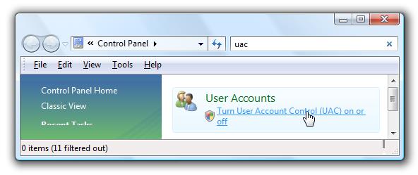  Open Control Panel, and type in “UAC” into the search box