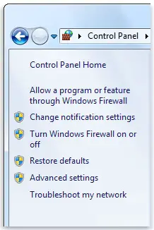 Turn Windows Firewall on or off link in Windows Firewall