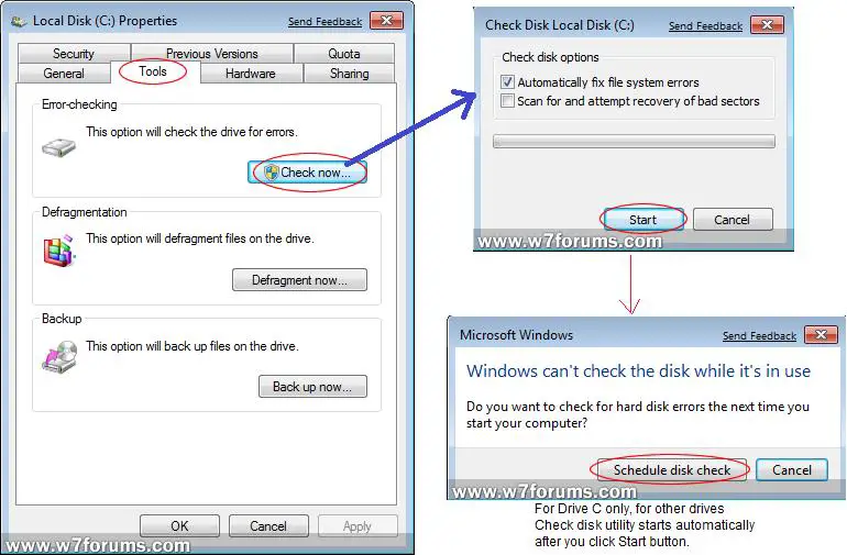 local disk properties-tools-check now-start-schedule disk check