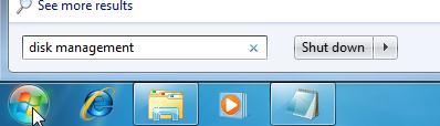 Type disk management on the start menu search box
