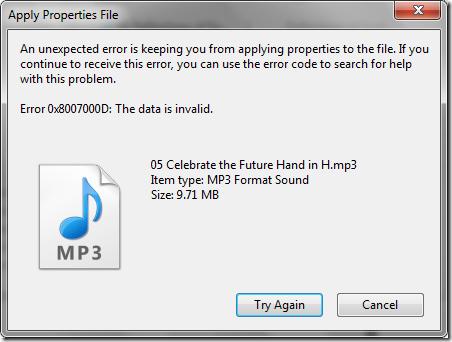 An unexpected error is keeping you from applying properties to the file