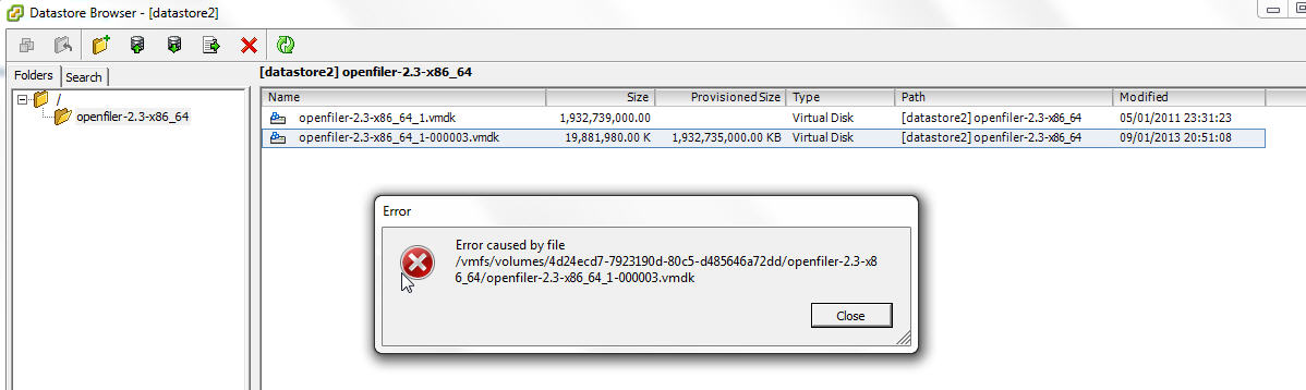 파일 /vmfs/volumes/ datastore-uuid / filename에 의해 트리거된 오류