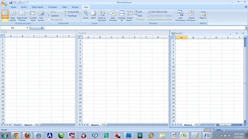 ms excel-View tab-Select Arrange all-Choose Cascade-OK-result page