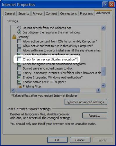 internet properties-check for server certificate revocation