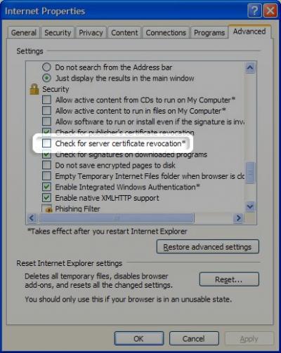 internet properties-check for server certificate revocation