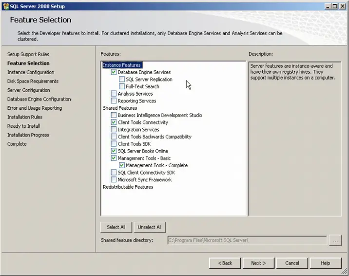Features selection- Select the features you want to install.