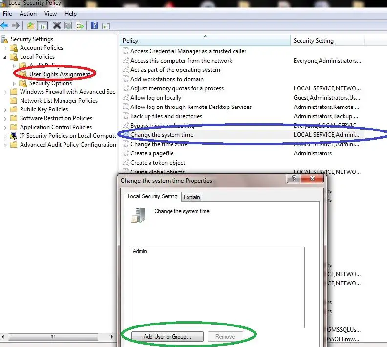 user right assignment-change the system time-add user or group