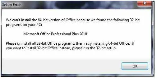 Setup Error, can't install the 64-bit version of Microsoft Office -  