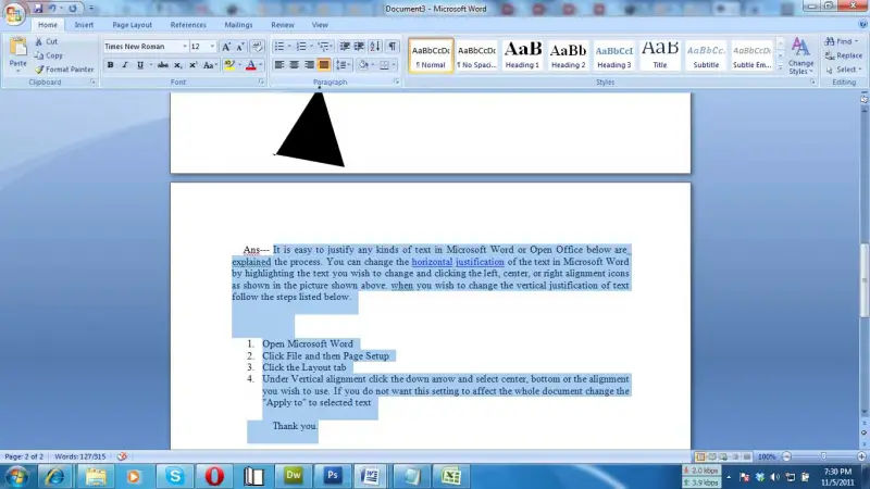 Microsoft Word-File-Page Setup-Layout tab-Vertical alignment-down arrow-justify-"Apply to" to selected text