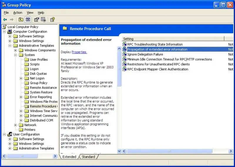 Computer Configuration/Administrative Templates/System/Remote Procedure Call/RPC Troubleshooting Support/Propagation of extended error information