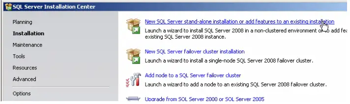 New Installation SQL server- Click on the "New-Server stand alone installation" link on the right side of the screen.
