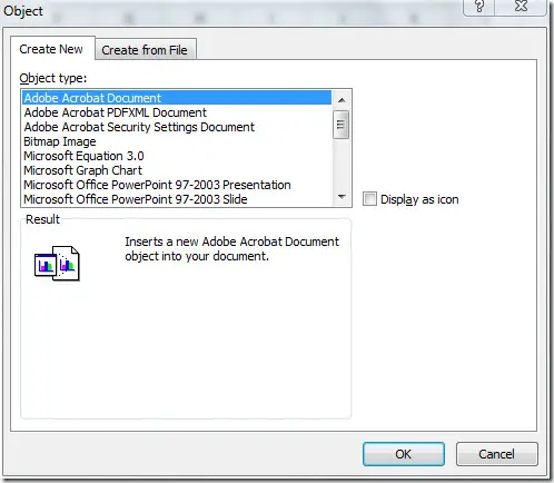 Object dialog box, switch to create from file.