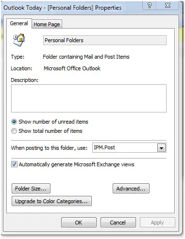 Outlook Today Personal folders Console