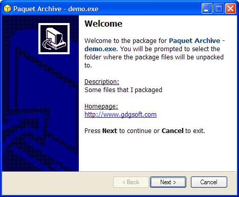 paquet archive-demo.exe-welcome page