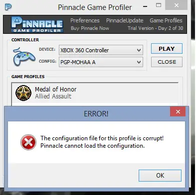 pinnacle profiler no longer loading