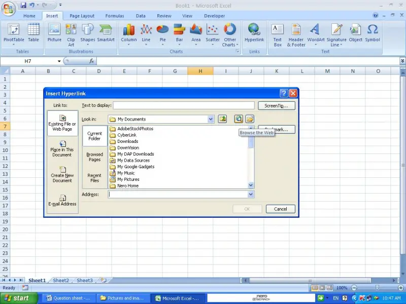 Explain how to create a hyperlink to the excel spreadsheet