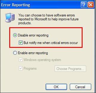 Startup and Recovery-disable error reporting