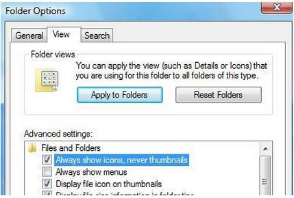 Menu bar-tools-folder options-View tab-Always show icons, never thumbnails-ok