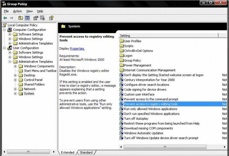 User Configuration-Administrative Templates-System-prevent access to registry editing tools-Properties- Not Configured