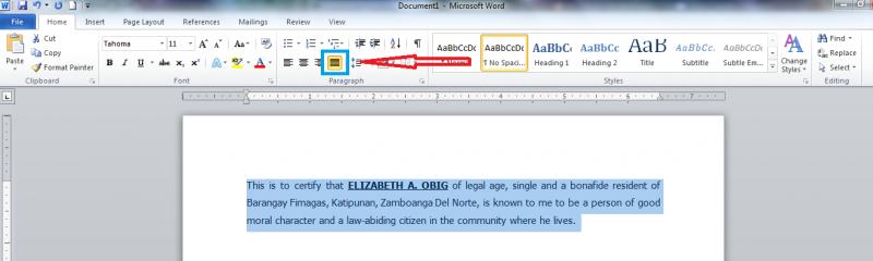 ms word-Highlight your text-Click "Justify"