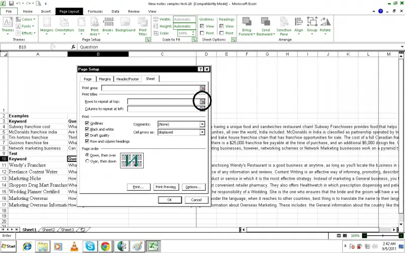 MS-Excel-page layout-page setup-Rows to repeat