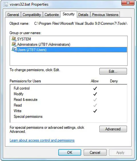 vsvars32.bat file-properties-security-users-permission for users-full control"-"Modify"-"Write