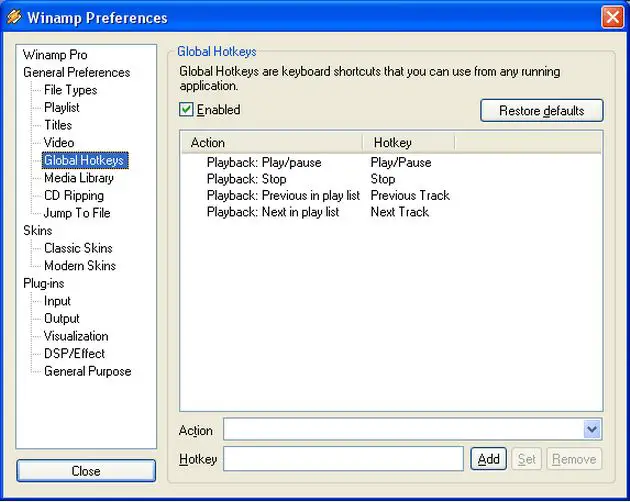 Winamp preference-global hotkeys