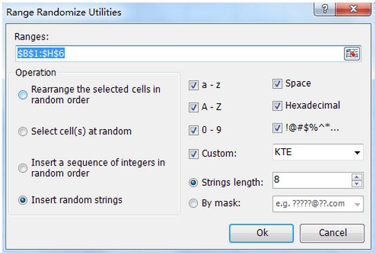 In the Range Randomize Utilities dialog box click on Insert Random String radio button.