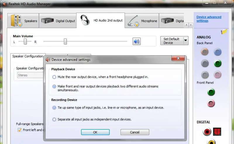 realtek HD audio manager-device advanced settings