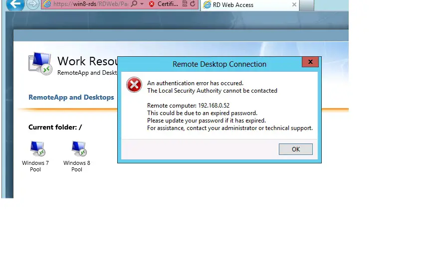 windows server 2012 remote desktop connection error