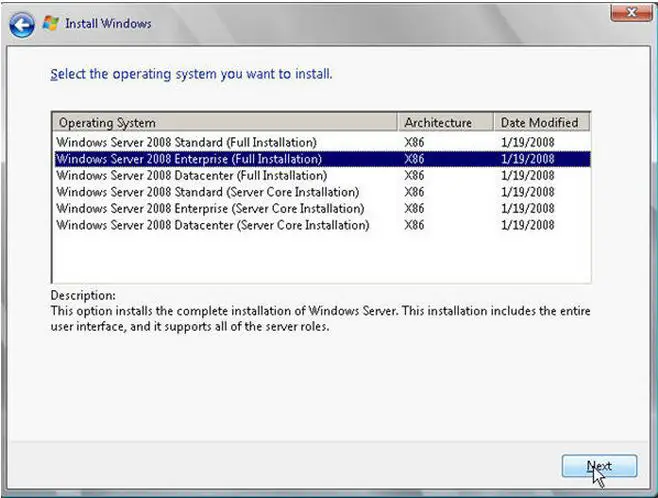 select the Server 2008 version that you want to install