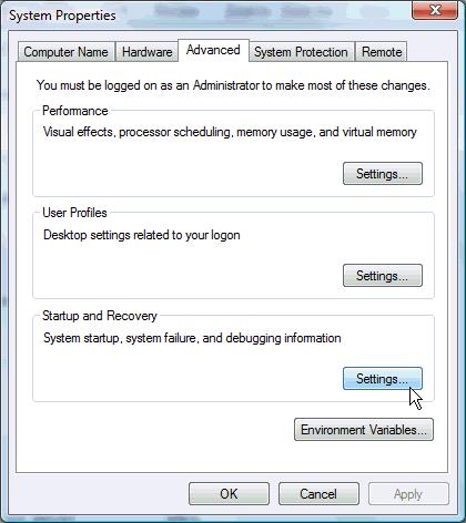 system properties-advanced tab-startup and recovery-click the settings