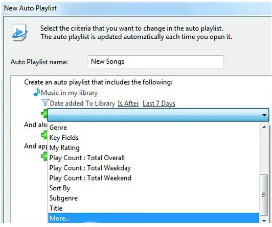 A New Auto Playlist dialog box 