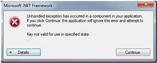 Unhandled exception has occurred in a component in your application. Key not valid for use in specified state
