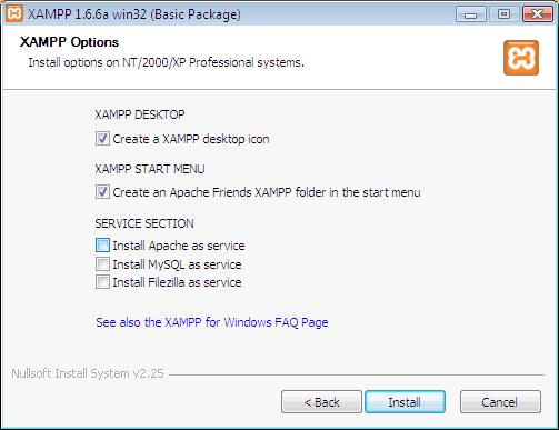 XAMPP options-install button