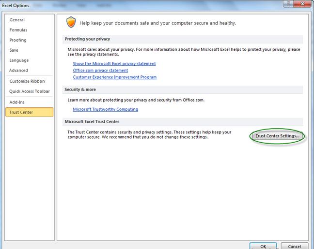 Excel settings - trust center settings