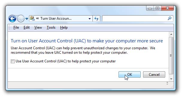 uncheck the box for “Use User Account Control (UAC)”