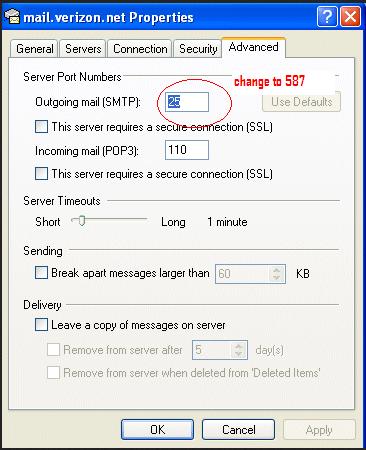 Change the Outgoing Server SMTP to 587
