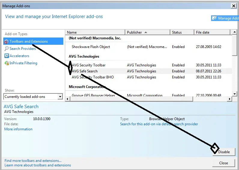 Tools > Add-ons > Extensions then locate "AVG Safe Search"  then select disable.