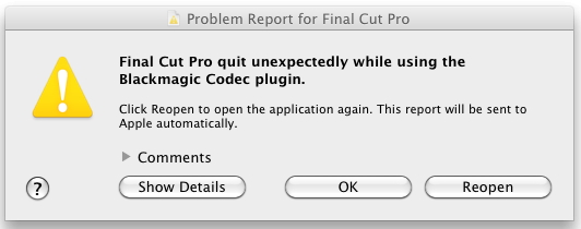 Final Cut Pro quit unexpectedly while using the Blackmagic Codec plugin