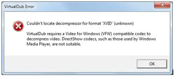 VirtualDub requires a video for Windows (VWF) compatible codec to decompress video