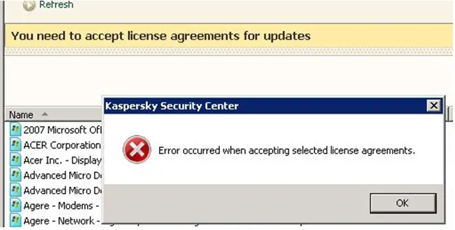 Error occurred when accepting selected license agreements