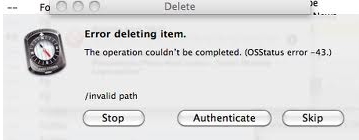 Error deleting item.  The operation couldn’t be completed. (OSStatus error -43)  /Invalid path