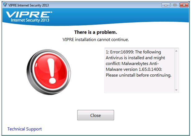 There is a problem VIPRE installation cannot continue 1:Error 16999: