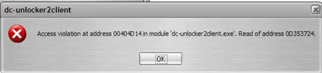 Access violation at address 00404D14 in module ‘dc - unlocker2client.exe’. Read of address 0D353724.