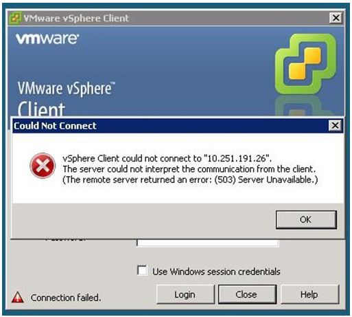 VMware vSphere Client could not to ’10.251.191.26’. The server could not interpret the communication from the client.