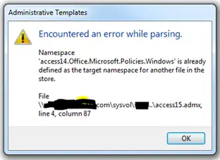 Windows is already defined as the target namespace for another file in the store