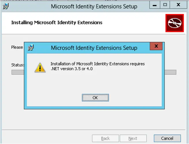 Installation of Microsoft Identity extensions requires .Net version 3.5 or 4.0