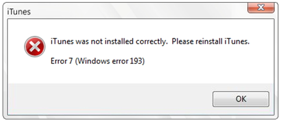 iTunes was not installed correctly. Please reinstall iTunes