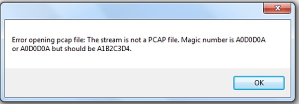 The stream is not a PCAP file. Magic number is A0D0D0A Or A0D0D0A but should be A1B2C3D4.